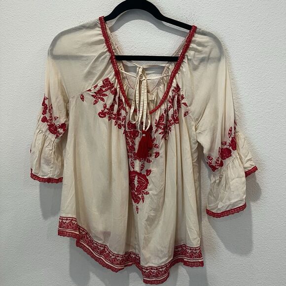 Anthropologie Love Sam Ivory Rose Embroidered Peasant Top Cold Shoulder Sz L - Picture 2 of 9